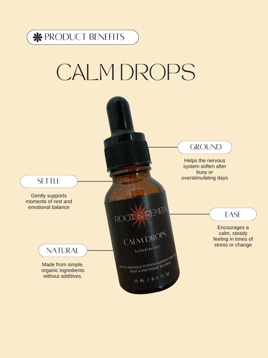 Bottle of 'Calm Drops' with product benefits on a beige background