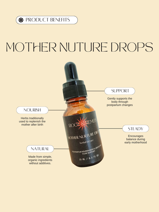 Bottle of 'Mother Nuture Drops' with product benefits listed on a beige background