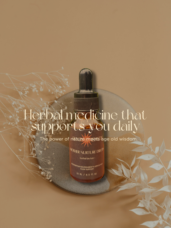 Herbal medicine dropper bottle with text on a brown background