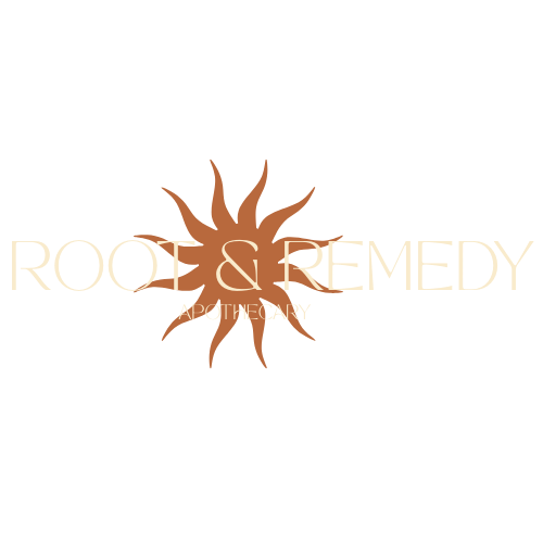 Logo of Root & Remedy Apothecary with a sun-like design on a transparent background