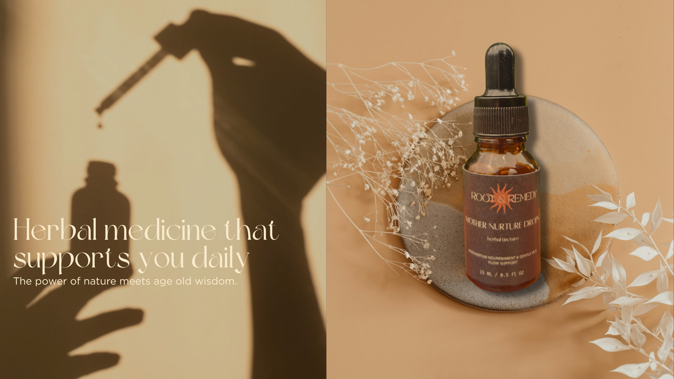 Bottle of herbal medicine with text on a beige background