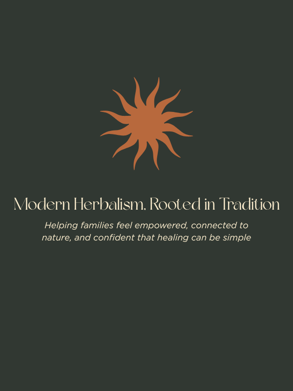 Logo of a sun with text about modern herbalism on a dark background